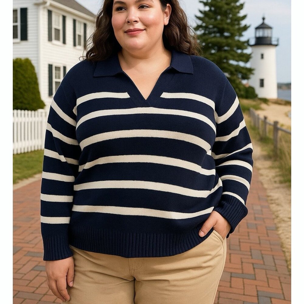 Old Navy Collared Stripe Navy White Sweater Women’s 3X Pullover Preppy Coastal - Picture 1 of 10